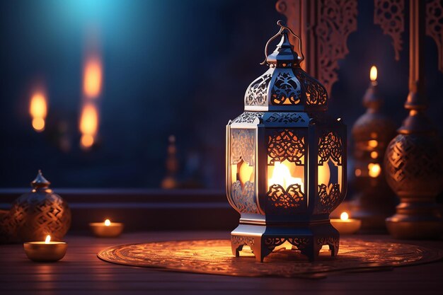 Ozdobna arabska latarnia z płonącą świecą świecącą w nocy Świętowa wizytówka z zaproszeniem na święty miesiąc muzułmański Ramadan Kareem