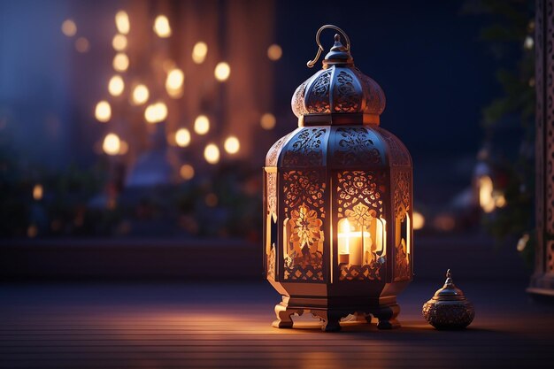 Ozdobna arabska latarnia z płonącą świecą świecącą w nocy Świętowa wizytówka z zaproszeniem na święty miesiąc muzułmański Ramadan Kareem