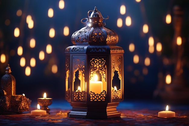 Ozdobna arabska latarnia z płonącą świecą świecącą w nocy Świętowa wizytówka z zaproszeniem na święty miesiąc muzułmański Ramadan Kareem