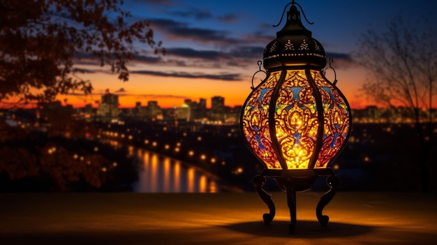 Ozdobna arabska latarnia z płonącą świecą świecącą w nocy Świętowa wizytówka z zaproszeniem na święty miesiąc muzułmański Ramadan Kareem