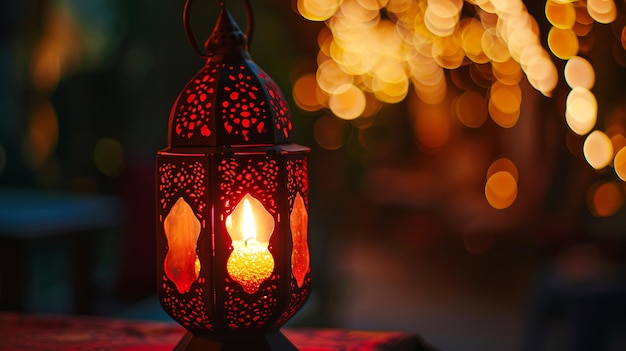 Ozdobna arabska latarnia z płonącą świecą świecącą w nocy zaproszenie na muzułmański święty miesiąc Ramadan Kareem