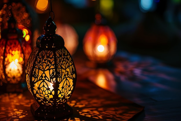 Zdjęcie ozdobna arabska latarnia z płonącą świecą świecącą w nocy zaproszenie na muzułmański święty miesiąc ramadan kareem