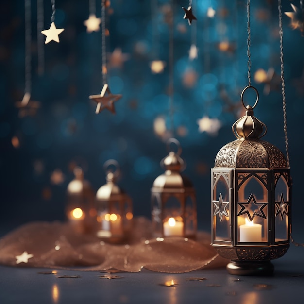 Ozdobna arabska latarnia z płonącą świecą Świętowa wizytówka z zaproszeniem na muzułmański Ramadan