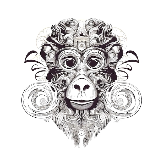 Ozdobna ikona małpy Portret małpy na białym tle Horoskop chiński Minimalny symbol na białym tle Ilustracja generatywna AI