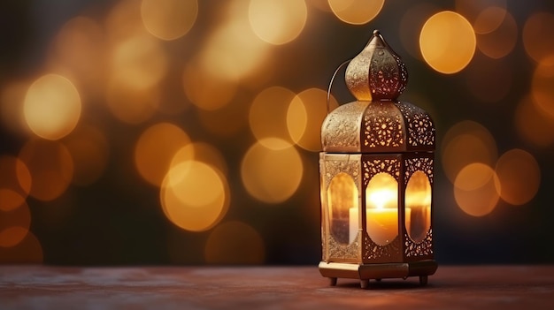 Ozdobna latarnia arabska z płonącą świecą świecącą w nocy i błyszczącymi złotymi światłami bokeh