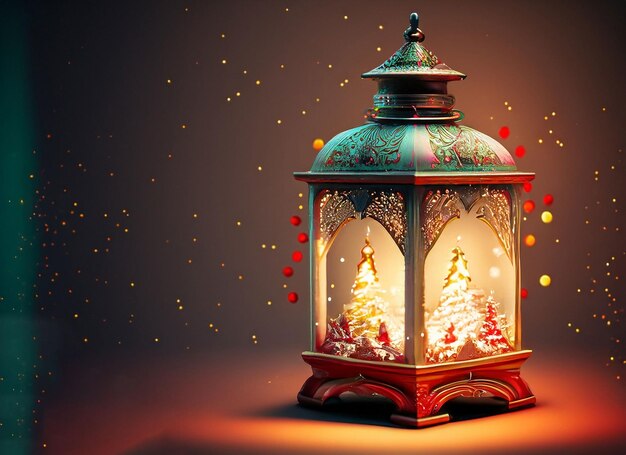 ozdobna latarnia świeci podczas tętniących życiem świąt Bożego Narodzenia