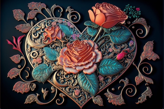 Ozdobne metalowe i miedziane róże w kształcie serca w generatywnej ramce ai