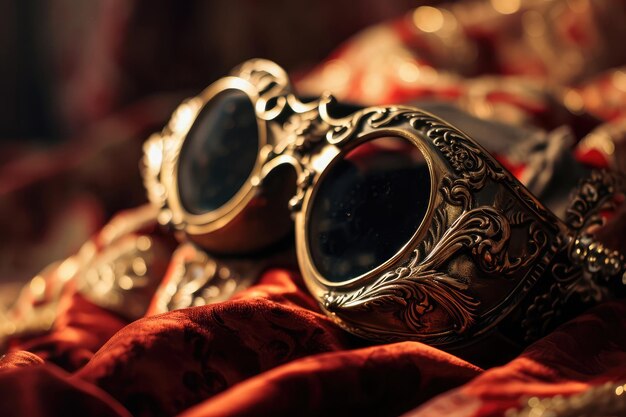 Ozdobne okulary operowe oparte na aksamitie oferujące luksusowy widok przedstawienia teatralnego