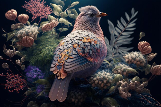Zdjęcie ozdobny ptak fantasy z liśćmi