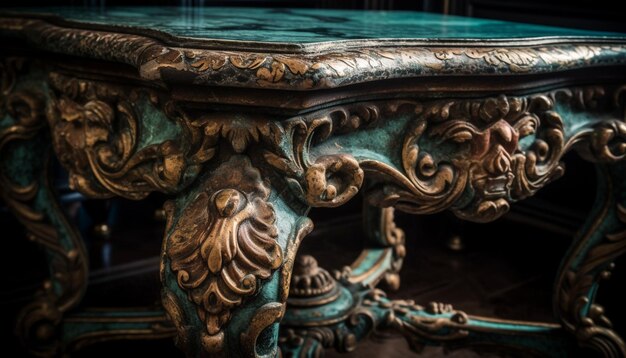 Ozdobny stół z zabytkowym krzesłem w stylu barokowym wygenerowany przez sztuczną inteligencję