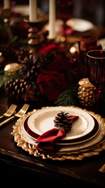 Zdjęcie ozdobny stół z złotymi ładowarkami i ciemnoczerwonymi serwetkami
