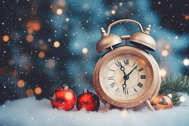 Ozdobny zegar noworoczny w śnieżnym krajobrazie
