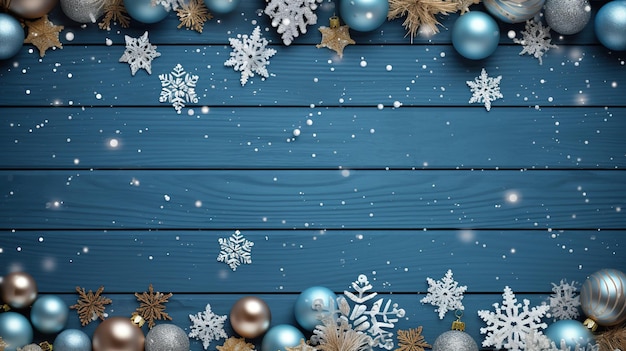 Ozdoby świąteczne Białe i złote płatki śniegu na rustykalnych niebieskich drewnianych deskach
