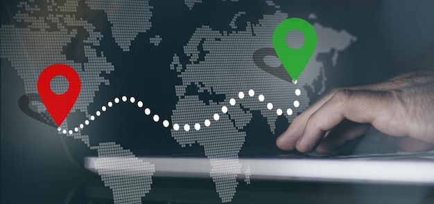 Oznaczanie lokalizacji na mapie świata z odkrywaniem trasy Koncepcja logistyki transportu podróży