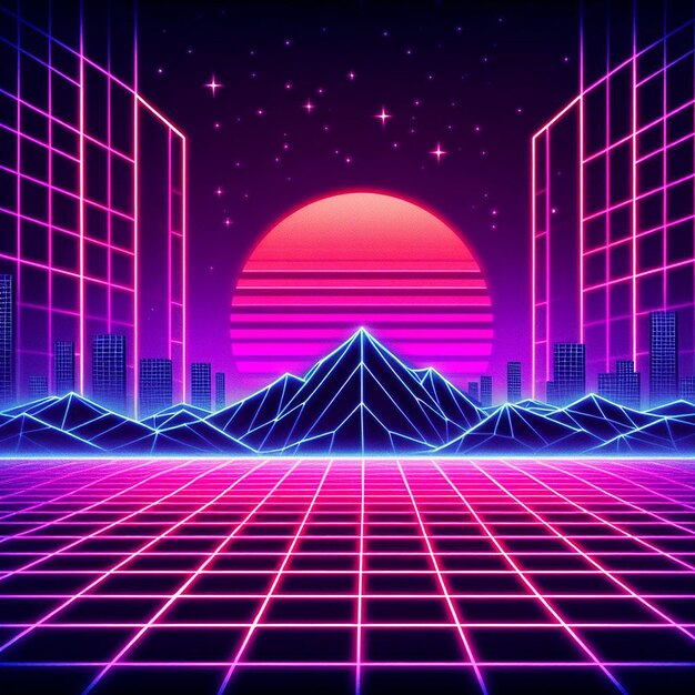 Zdjęcie ożywiając nostalgię lat osiemdziesiątych neon grid landscape w fioletowych i niebieskich przywołując synthwave i video game vi