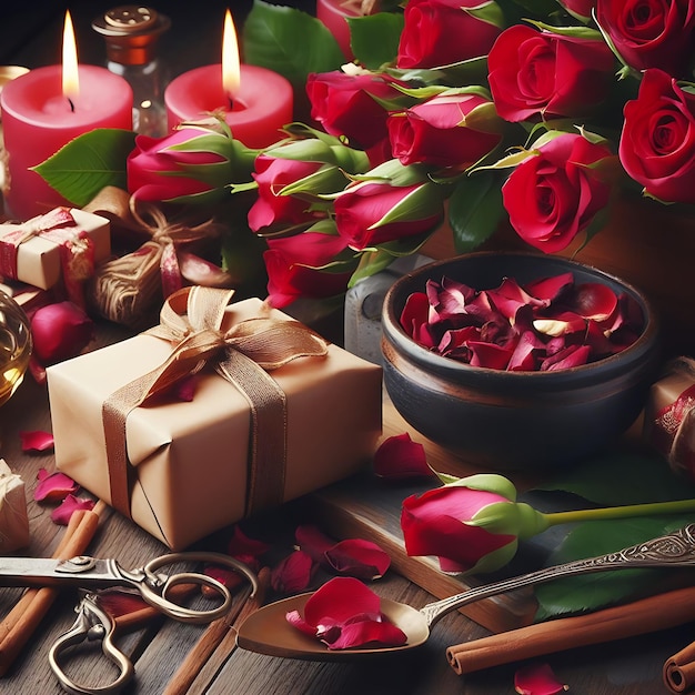Pachnące czerwone pąki róż na drewnianej desce koncepcja wakacji Generatywna AI