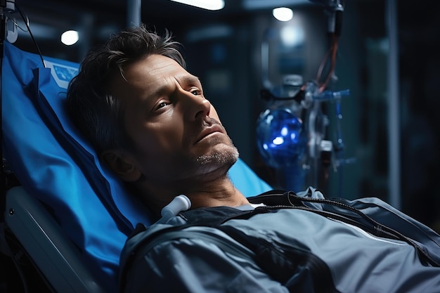 Pacjent leżący na łóżku szpitalnym otoczony robotami i sprzętem medycznym