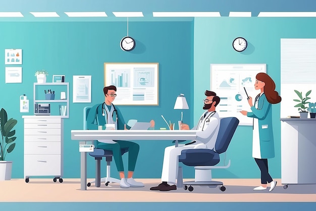 Pacjent w gabinecie lekarskim Wizyta lekarza konsultacja nowoczesna klinika diagnostyka ilustracja wektorowa płaska kreskówka wizyta lekarza