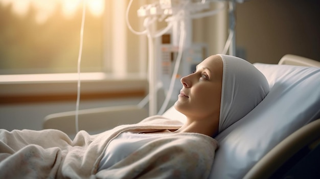 Pacjent z rakiem otrzymujący chemioterapię leżący na szpitalnym łóżkuxA