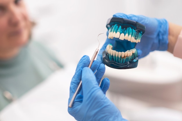 Pacjentka słuchająca dentysty wyjaśniającego plan leczenia i pokazująca model szczęki zębów dentystycznych