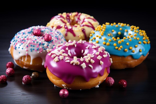 Pączki o różnych smakach i posypkach na ciemnym tle