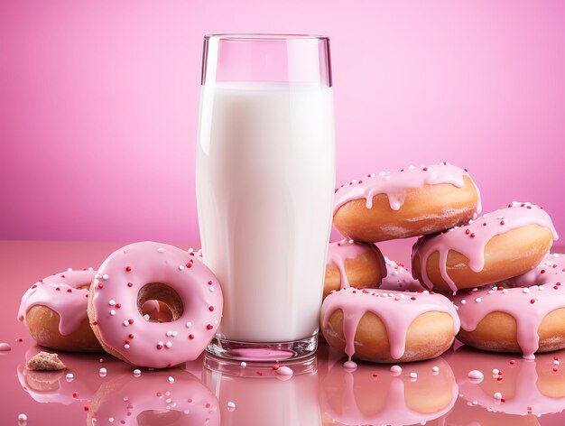 Zdjęcie pączki z szklanką mleka na różowym