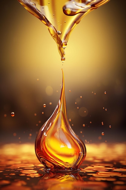 Padające krople whisky z miodowym olejem na złotym tle 3D rendering