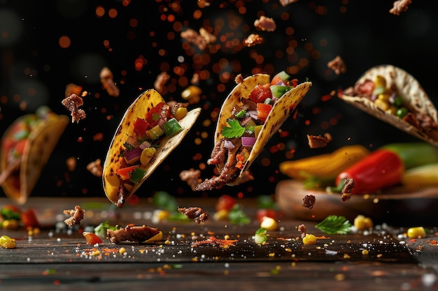Padające tacos z mięsem, warzywami i przyprawami na ciemnym drewnianym tle