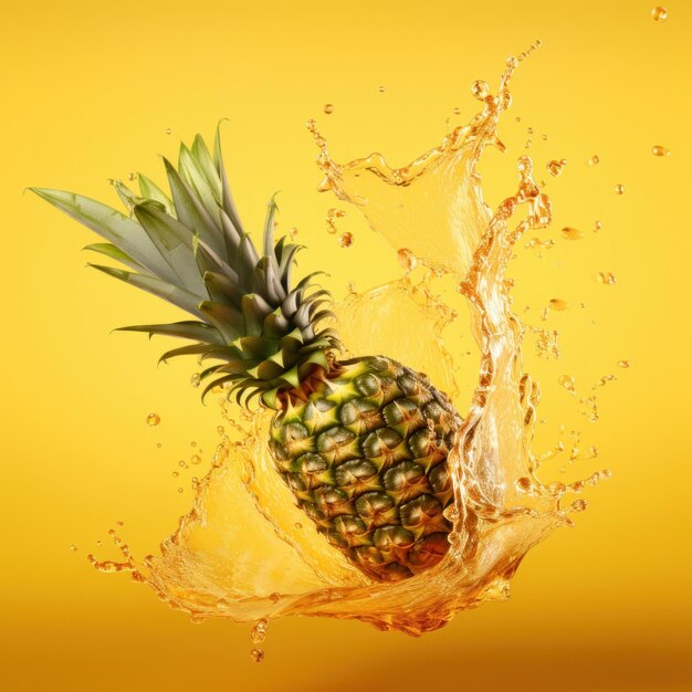 Padający ananas rozpryskiwany sokem ananasowym na żółtym tle