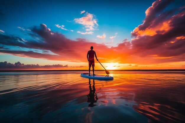 Zdjęcie paddleboarding przy zachodzie słońca z świecącym horyzontem