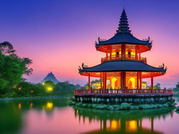 Pagoda Tran Quoc w Hanoi w Wietnamie po zachodzie słońca