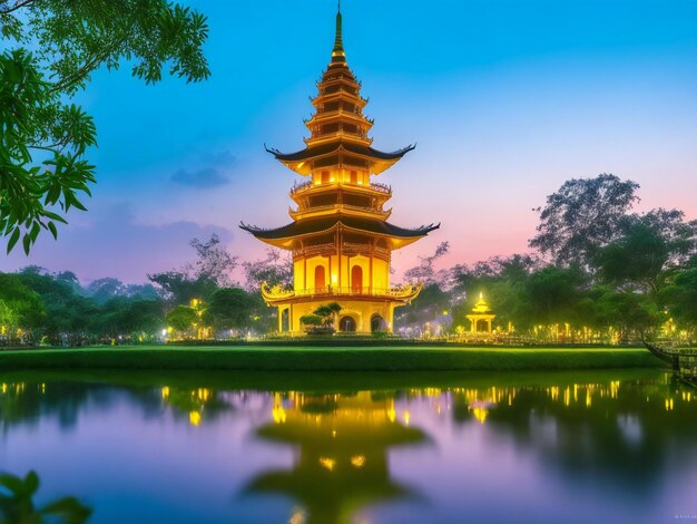 Pagoda Tran Quoc w Hanoi w Wietnamie po zachodzie słońca