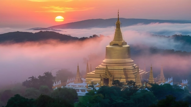 Pagoda w doi inthanon z mgłą podczas zachodu słońca w Chiang Mai w Tajlandii