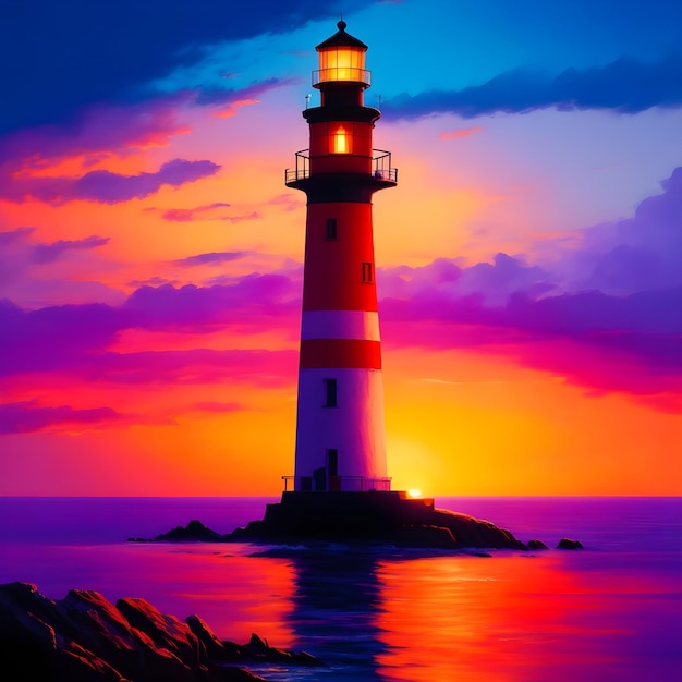 Paint Nite Sunset Lighthouse Silhouette Realistyczne malowanie sylwetki samotnej latarni morskiej