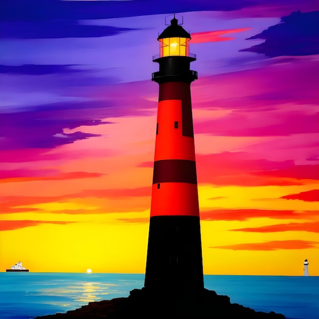Paint Nite Sunset Lighthouse Silhouette Realistyczne malowanie sylwetki samotnej latarni morskiej