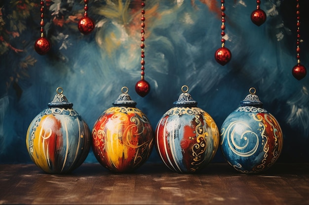 Zdjęcie painted wooden ornaments on a rustic backdrop