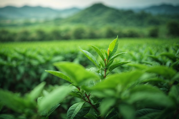 Pąki i liście zielonej herbaty Plantacje zielonej herbalnej rano Generatywna sztuczna inteligencja