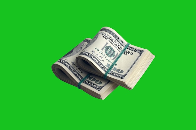 Pakiet banknotów dolarowych na zielonym kluczu chroma Pakiet amerykańskich pieniędzy o wysokiej rozdzielczości na idealnej zielonej masce