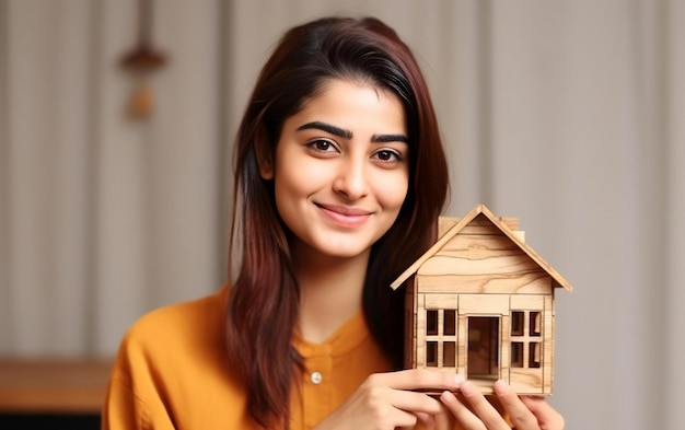 Pakistańska Indianka z modelem House w rękach Nieruchomości