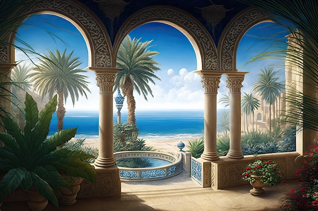 Pałac Arabski z widokiem na morze Hotel Grand Hamam Luksusowe orientalne wnętrza Abstrakcyjna generatywna ilustracja AI