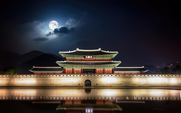 Pałac gyeongbokgung i pełnia księżyca w nocy w seulu w korei południowej Generative AI