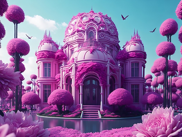 Pałac marzeń otoczony różowymi kwiatami stworzony za pomocą technologii AI.