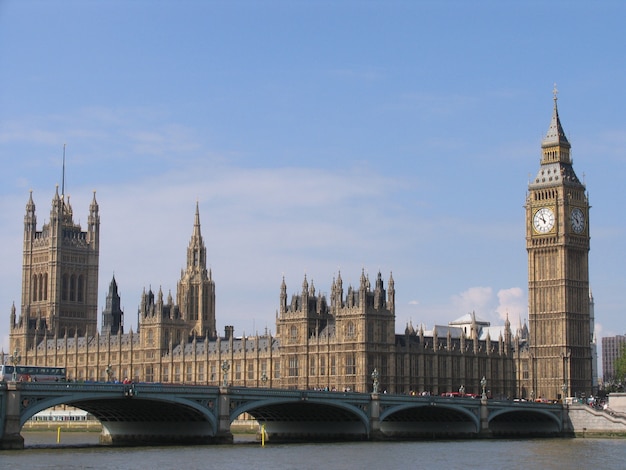 Pałac Westminsterski z dzwonem na wieży zwanym Big Ben w słoneczny dzień.