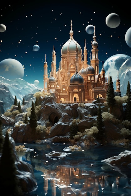 Pałac z białego kryształu kwarcu, gwiaździste niebo, magiczna i bajkowa atmosfera generatywna AI