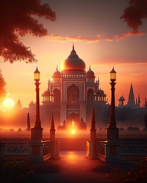 Pałacowe szczegóły miękkiego światła w stylu magicznej świątyni o zachodzie słońca w Indiach