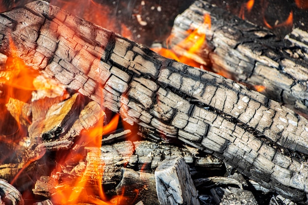 Palenie drewna opałowego i węgli w grillu. Płonący ogień. Grillowanie mięsa. Węgle do smażenia.