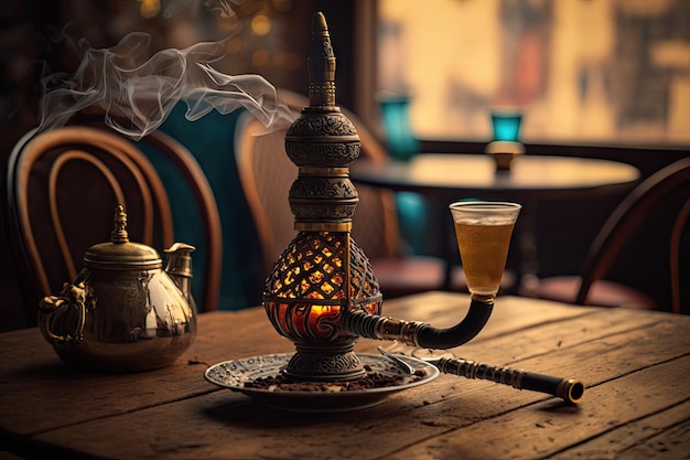 Palenie egzotycznej fajki wodnej z tytoniem wieczorem w kawiarni