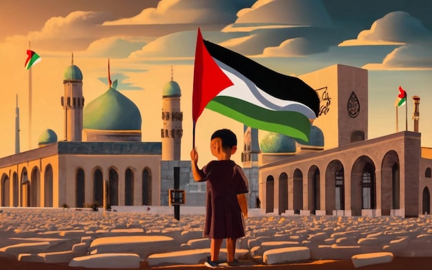 Palestyński dzieciak trzymający palestyńską flagę przed meczetem
