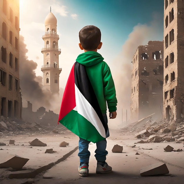 Palestyńskie dziecko stojące w zniszczonym mieście po wojnie. Wygenerowano