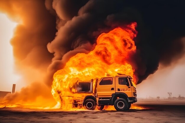 Zdjęcie paliwo w płomieniach ciężarówka płonąca na drodze sieć neuronowa wygenerowana przez sztuczną inteligencję